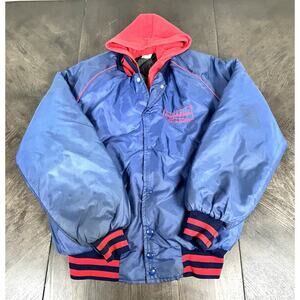 Vtg 80s Budweiser Nylon Quilted Hooded Bomber Jacket In Blue & Red USA Men's M